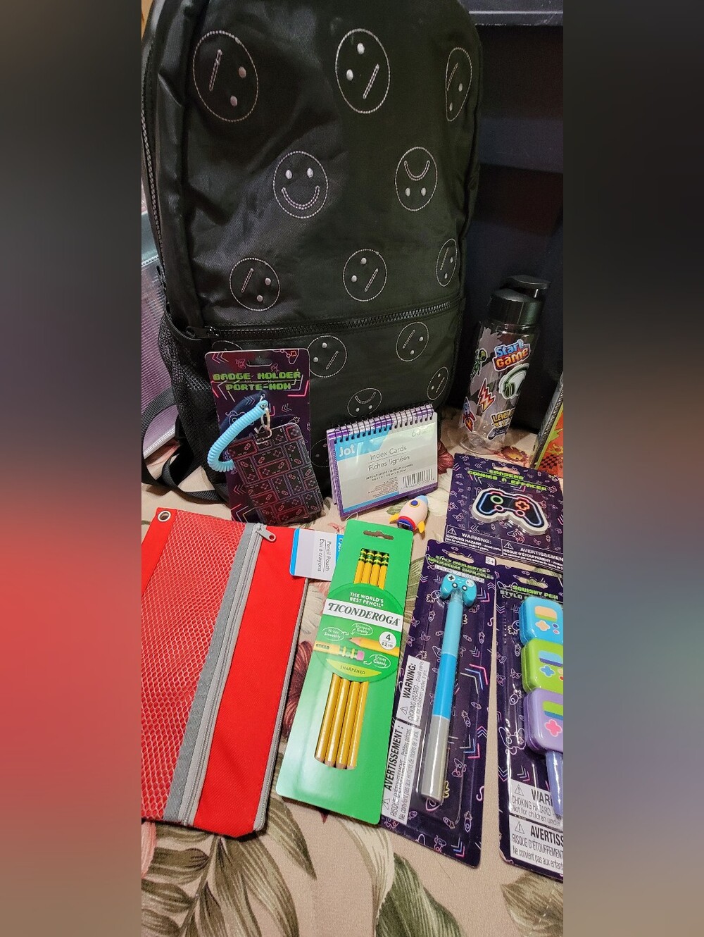 822- Black Smiley Backpack w Arcade Themed School Supplies